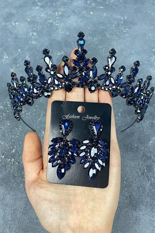 Navy Blue Cooker Bridal Henna Tiara and Stud Earrings Set