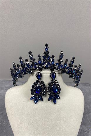 Navy Blue Cooker Bridal Henna Crown And Stud Earrings