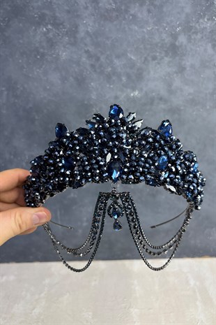 Lacivert Cudy Yoğun Boncuk İşlemeli Alınlık Gelin Kına Tacı