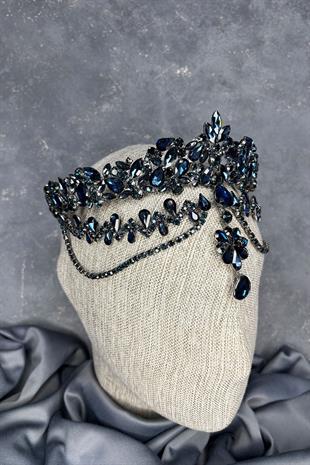 Lacivert Dali Alınlık Sallantılı Gelin Kına Tacı Saç Aksesuarı