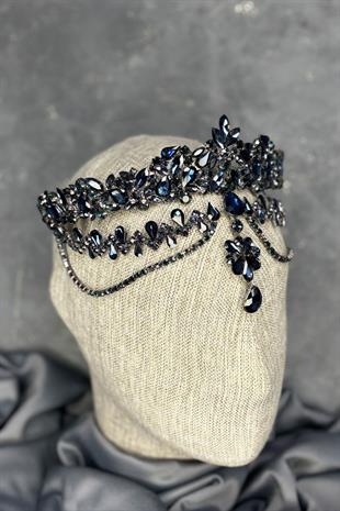 Lacivert Dali Alınlık Sallantılı Gelin Kına Tacı Saç Aksesuarı