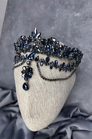 Lacivert Dali Alınlık Sallantılı Gelin Kına Tacı Saç Aksesuarı