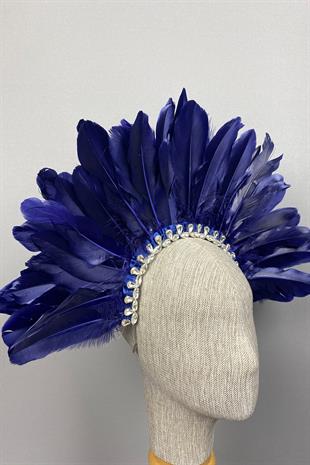Navy Blue Dali Feather Stone Bridal Henna Crown Accessory