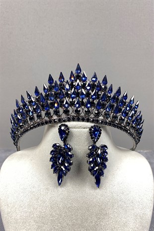 Navy Blue Drop 3D Bridal Henna Crown And Stone Earring Set
