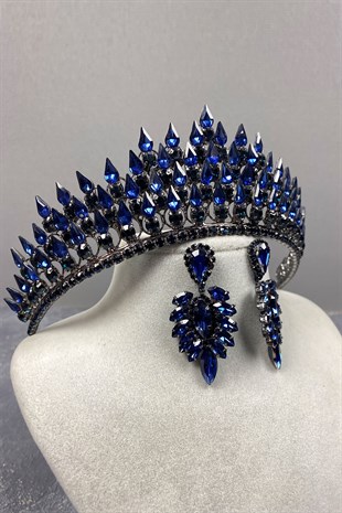 Navy Blue Drop 3D Bridal Henna Crown And Stud Earring Set