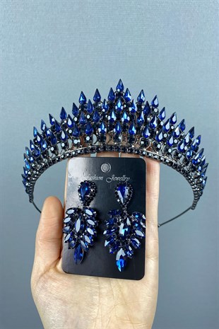 Navy Blue Drop 3D Bridal Henna Crown And Stone Earring Set