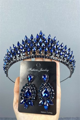 Navy Blue Drop 3D Bridal Henna Tiara and Evening Dress Earrings Set