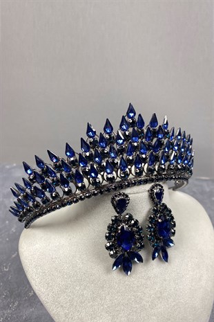 Navy Blue Drop 3D Bridal Henna Tiara and Evening Dress Earrings Set
