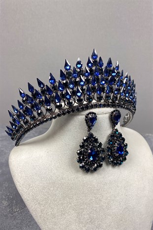Navy Blue Drop 3D Bridal Henna Crown And Drop Earring Set
