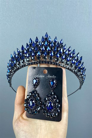 Navy Blue Drop 3D Bridal Henna Crown And Drop Earring Set