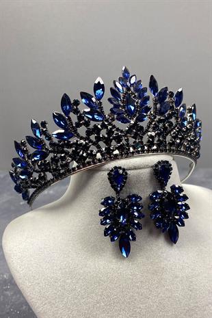 Navy Blue Danver Stone Bridal Henna Crown And Earring Set