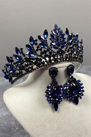 Lacivert Danver Taşlı Gelin Kına Tacı Ve Küpe Seti