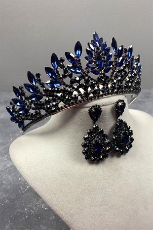 Navy Blue Danver Stone Bridal Henna Tiara and Stud Earrings Set
