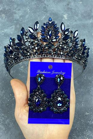 Navy Blue Danver Stone Bridal Henna Tiara and Stud Earrings Set