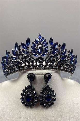 Navy Blue Danver Stone Bridal Henna Tiara and Stud Earrings Set