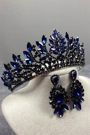 Navy Blue Danver Stone Bridal Henna Tiara and Evening Dress Earring Set