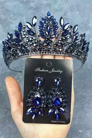 Navy Blue Danver Stone Bridal Henna Tiara and Evening Dress Earring Set
