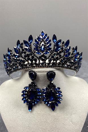 Lacivert Danver Taşlı Gelin Kına Tacı Ve Küpe Seti