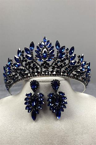 Navy Blue Danver Stone Bridal Henna Crown And Earring Set