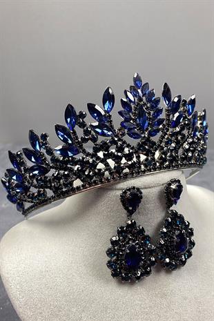 Navy Blue Danver Stone Bridal Henna Tiara and Stud Earrings Set