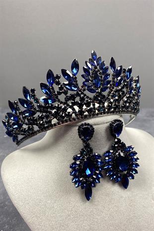 Lacivert Danver Taşlı Gelin Kına Tacı Ve Küpe Seti