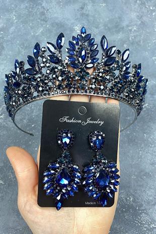 Lacivert Danver Taşlı Gelin Kına Tacı Ve Küpe Seti