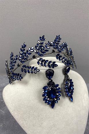 Navy Blue Dilana Leaf Branch Bridal Hair Accessory and Studded Earrings
