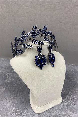 Navy Blue Dilana Leaf Branch Bridal Hair Accessory and Studded Earrings