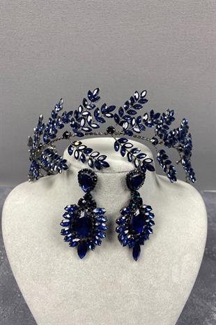 Navy Blue Dilana Leaf Branch Bridal Hair Accessory and Studded Earrings