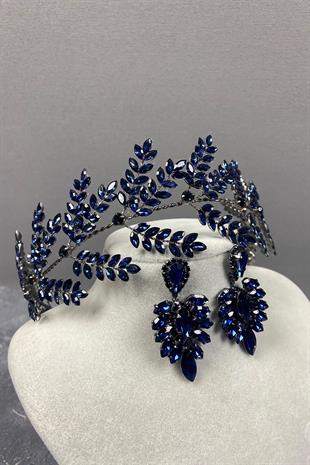 Navy Blue Dilana Leaf Branch Bridal Hair Accessory and Stud Earrings