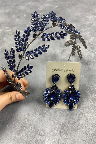 Navy Blue Dilana Leaf Branch Bridal Hair Accessory and Studded Earrings