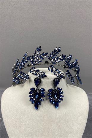 Navy Blue Dilana Leaf Branch Bridal Hair Accessory and Stud Earrings