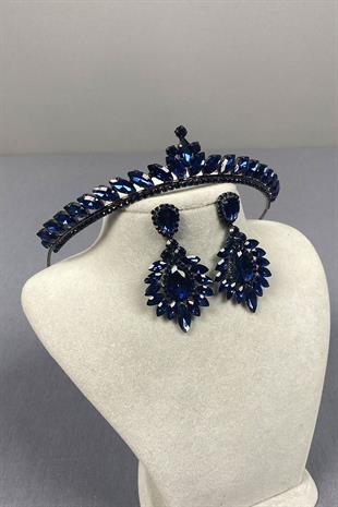 Navy Blue Ece Bridal Henna Crown and Drop Shuttle Earring Set