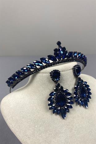Navy Blue Ece Bridal Henna Crown and Drop Shuttle Earring Set
