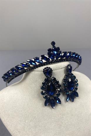 Navy Blue Ece Bridal Henna Crown and Drop Shuttle Stone Earring Set