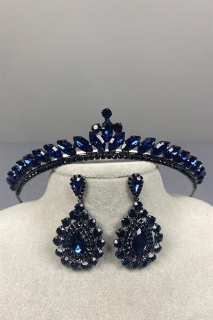 Navy Blue Ece Bridal Henna Crown and Drop Stone Earring Set