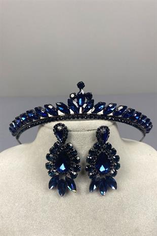 Navy Blue Ece Bridal Henna Crown and Drop Shuttle Stone Earring Set