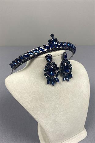 Navy Blue Ece Bridal Henna Crown and Drop Shuttle Stone Earring Set