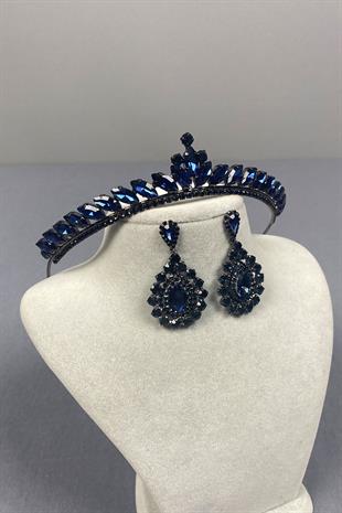 Navy Blue Ece Bridal Henna Crown and Drop Stone Earring Set