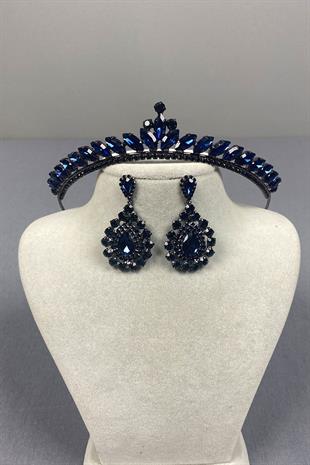 Navy Blue Ece Bridal Henna Crown and Drop Stone Earring Set