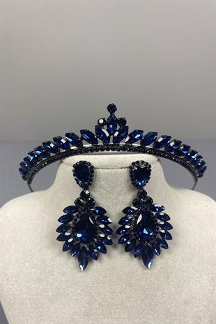 Navy Blue Ece Bridal Henna Crown and Drop Shuttle Earring Set