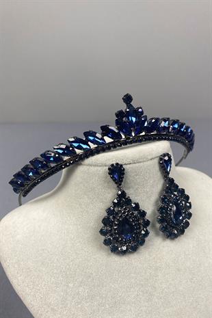 Navy Blue Ece Bridal Henna Crown and Drop Stone Earring Set