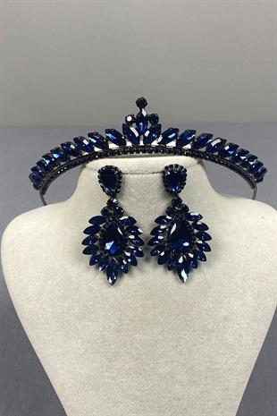 Navy Blue Ece Bridal Henna Crown and Drop Shuttle Earring Set