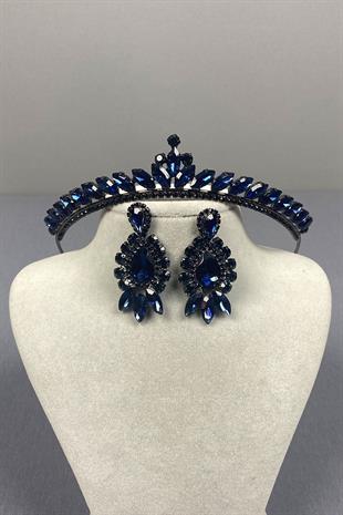 Navy Blue Ece Bridal Henna Crown and Drop Shuttle Stone Earring Set