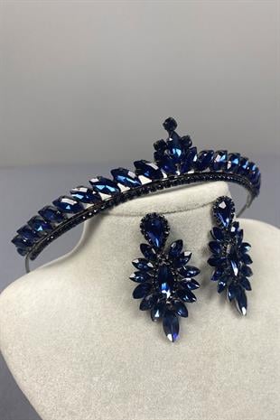 Lacivert Ece Gelin Kına Tacı Ve İnce Mekik Taşlı Küpe