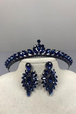 Lacivert Ece Gelin Kına Tacı Ve İnce Mekik Taşlı Küpe