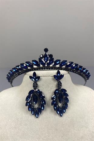 Navy Blue Ece Bridal Henna Crown and Shuttle Stone Earrings