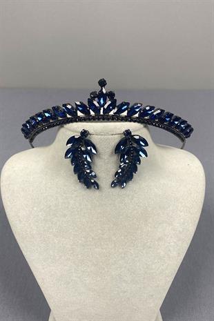 Navy Blue Ece Bridal Henna Crown and Leaf Stone Earrings