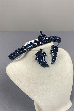 Navy Blue Ece Bridal Henna Crown and Leaf Stone Earrings