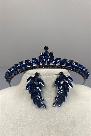 Navy Blue Ece Bridal Henna Crown and Leaf Stone Earrings